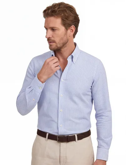 John Miller Overhemd Lichtblauw John Miller Tailored Fit gestreept