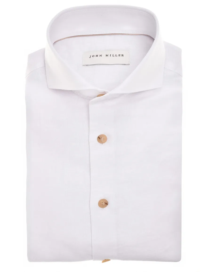 John Miller Tailored Fit overhemd wit gemeleerd linnen