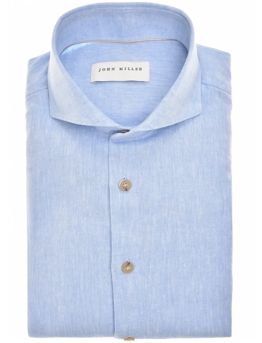 John Miller overhemd lichtblauw linnen Slim Fit gemeleerd