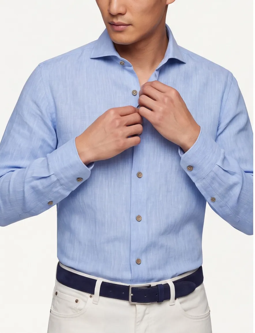 John Miller overhemd lichtblauw linnen Slim Fit gemeleerd