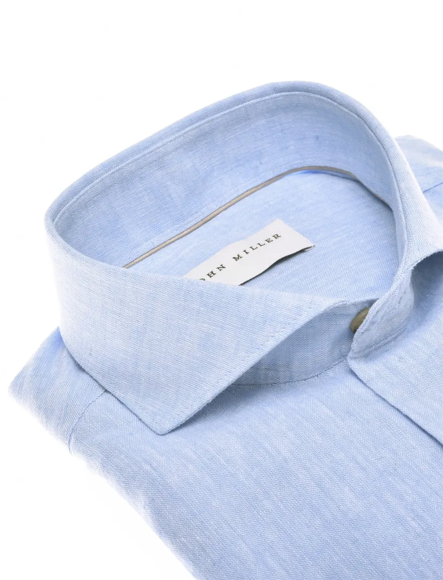 John Miller overhemd lichtblauw linnen Slim Fit gemeleerd