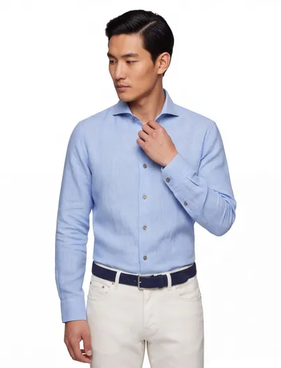 John Miller John Miller overhemd lichtblauw linnen Slim Fit gemeleerd