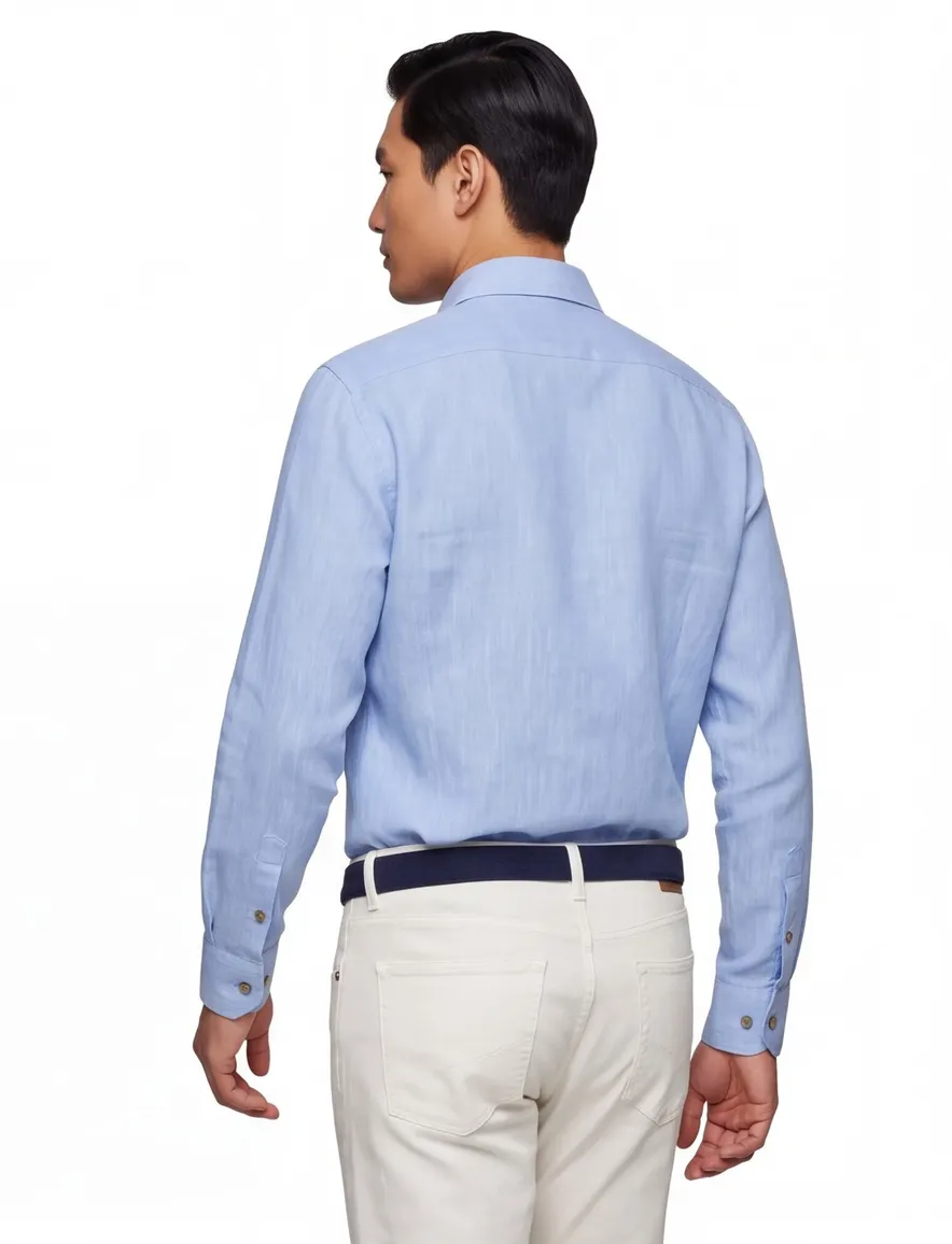 John Miller overhemd lichtblauw linnen Slim Fit gemeleerd