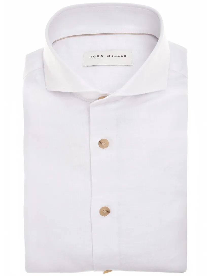 Overhemd John Miller wit linnen Slim Fit gemeleerd wide spread
