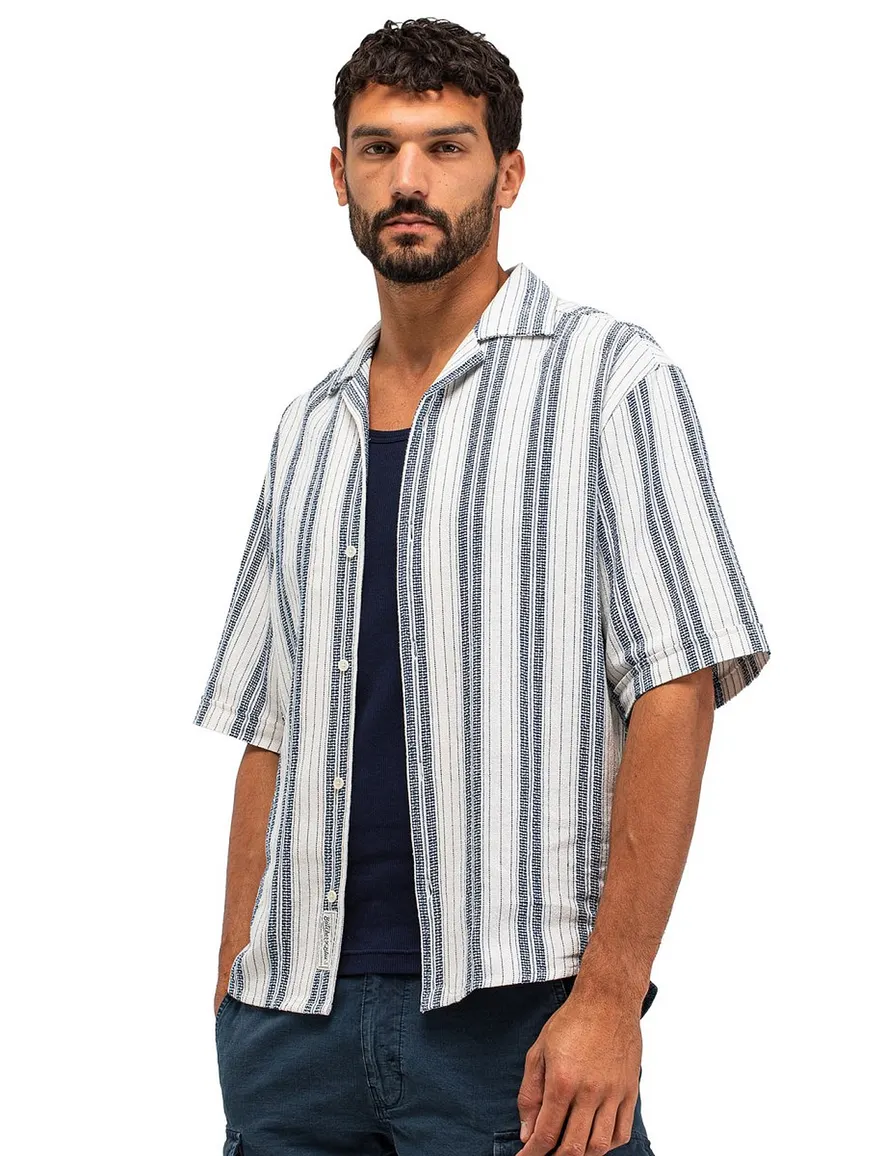Witte doorknoop polo gestreept blauw normale fit deel van set