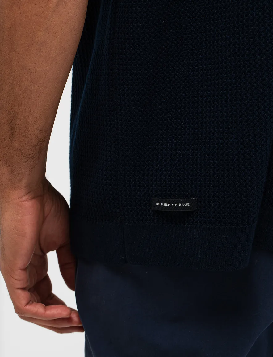 Butcher of Blue polo doorknoop donkerblauw korte mouw gebreid