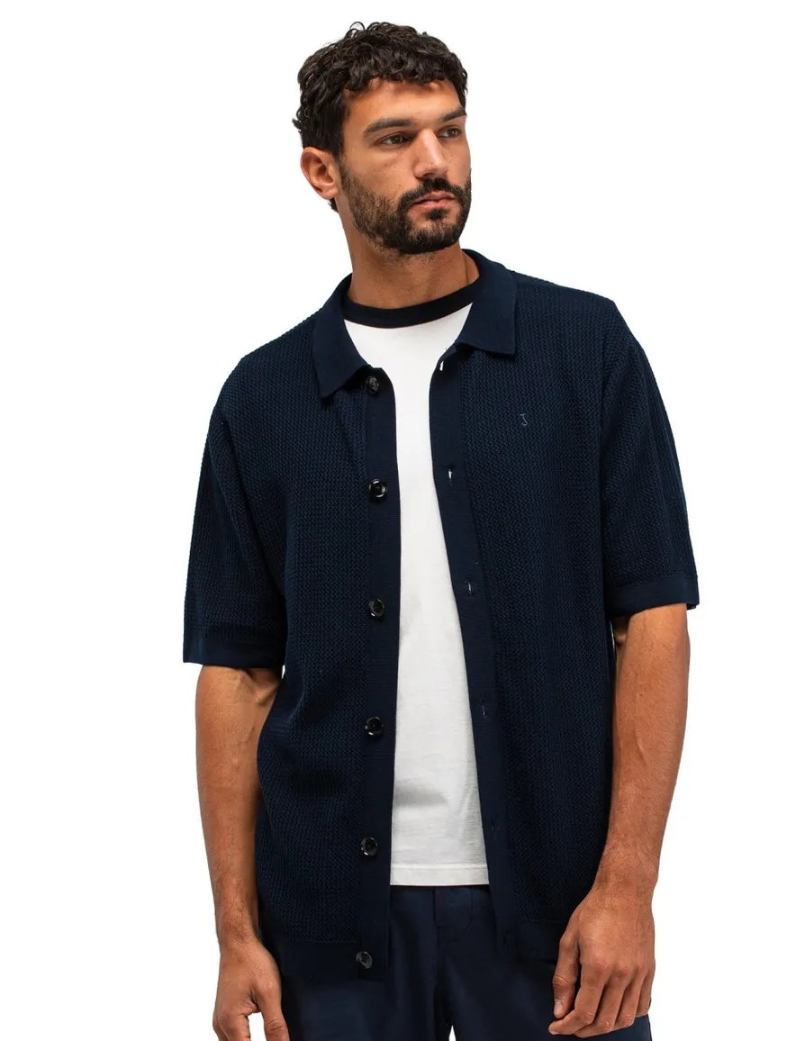 Butcher of Blue polo doorknoop donkerblauw korte mouw gebreid