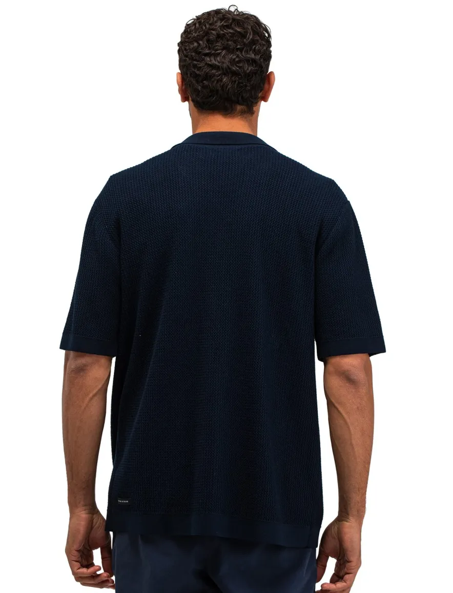 Butcher of Blue polo doorknoop donkerblauw korte mouw gebreid