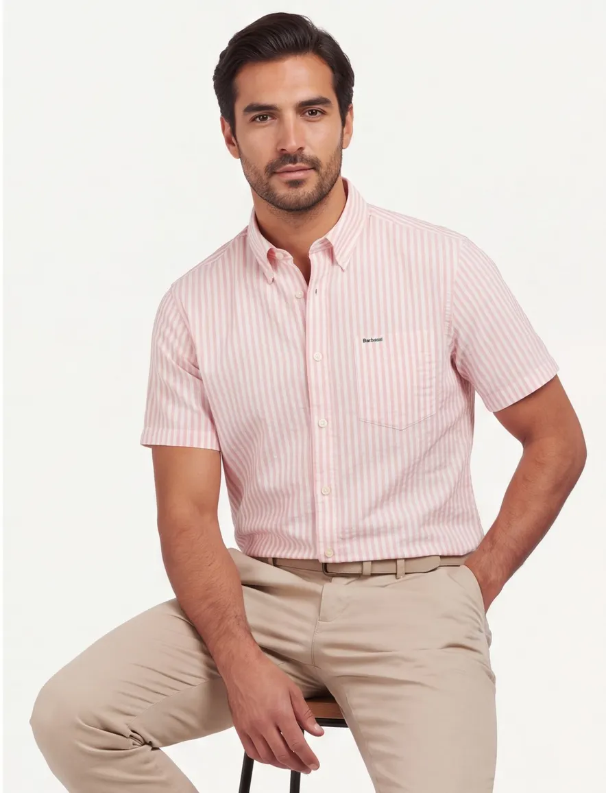 Overhemd Barbour roze wit gestreept korte mouw
