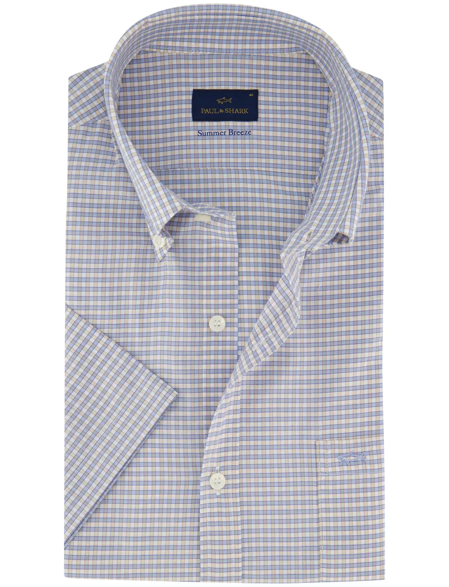 Paul & Shark overhemd blauw geruit korte mouw