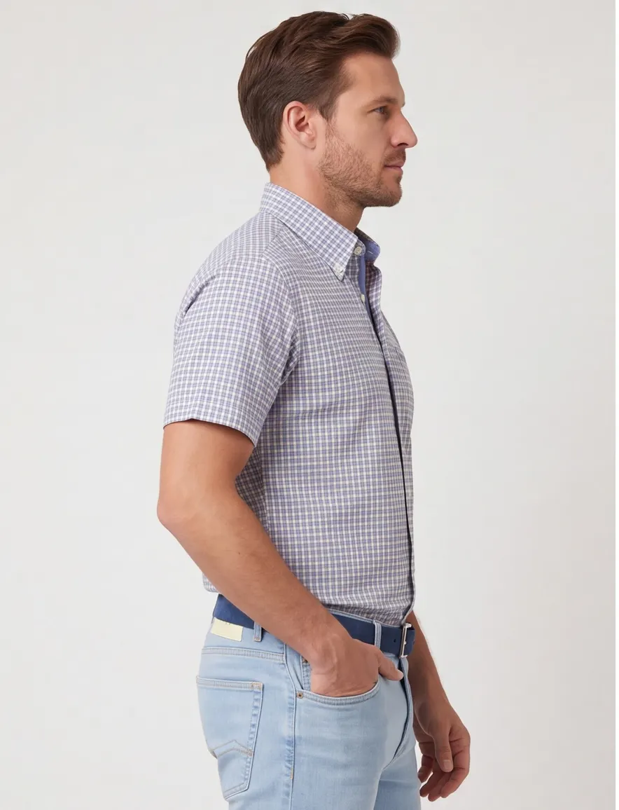 Paul & Shark overhemd blauw geruit korte mouw