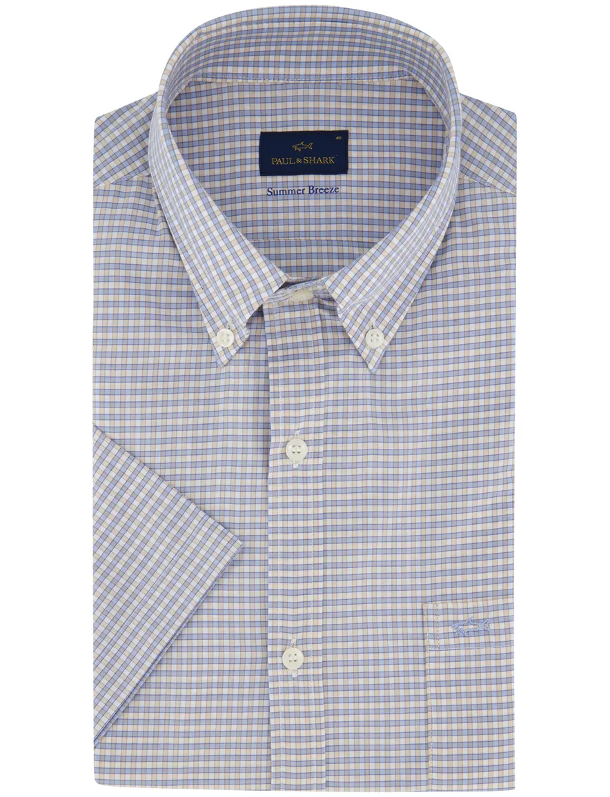 Paul & Shark overhemd blauw geruit korte mouw
