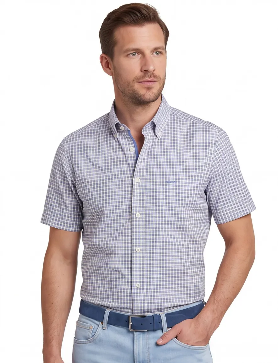 Paul & Shark overhemd blauw geruit korte mouw