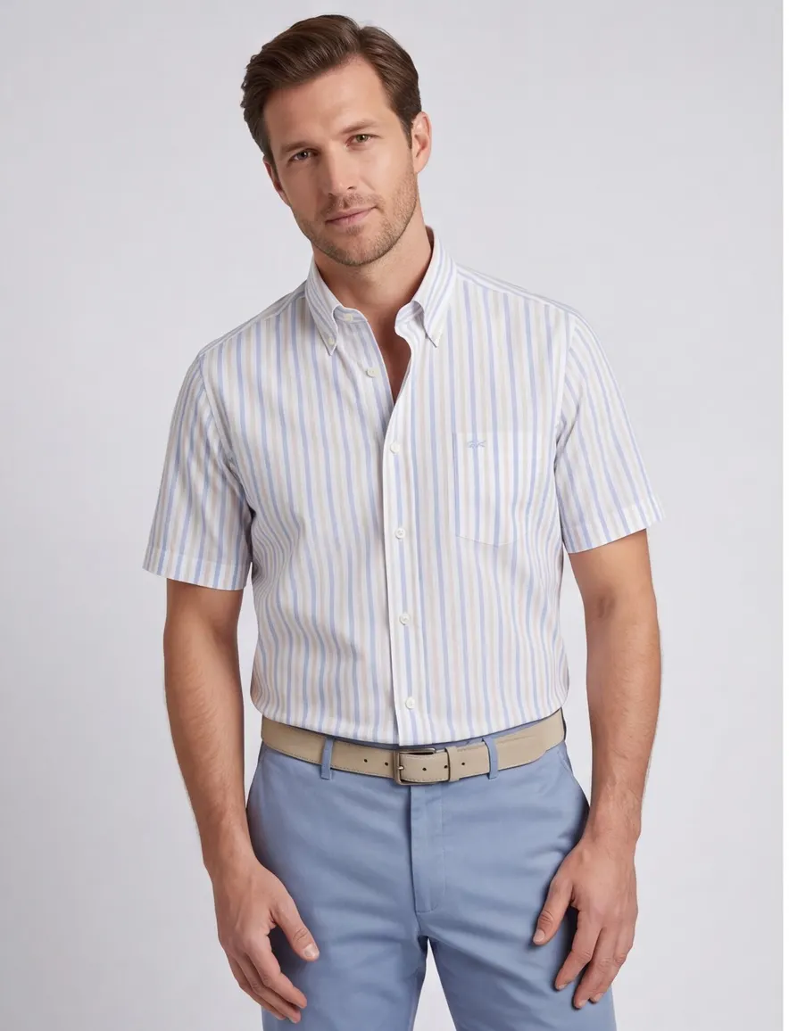 Paul & Shark overhemd korte mouw beige lichtblauw
