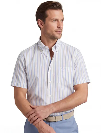 Paul & Shark Paul & Shark overhemd korte mouw beige lichtblauw