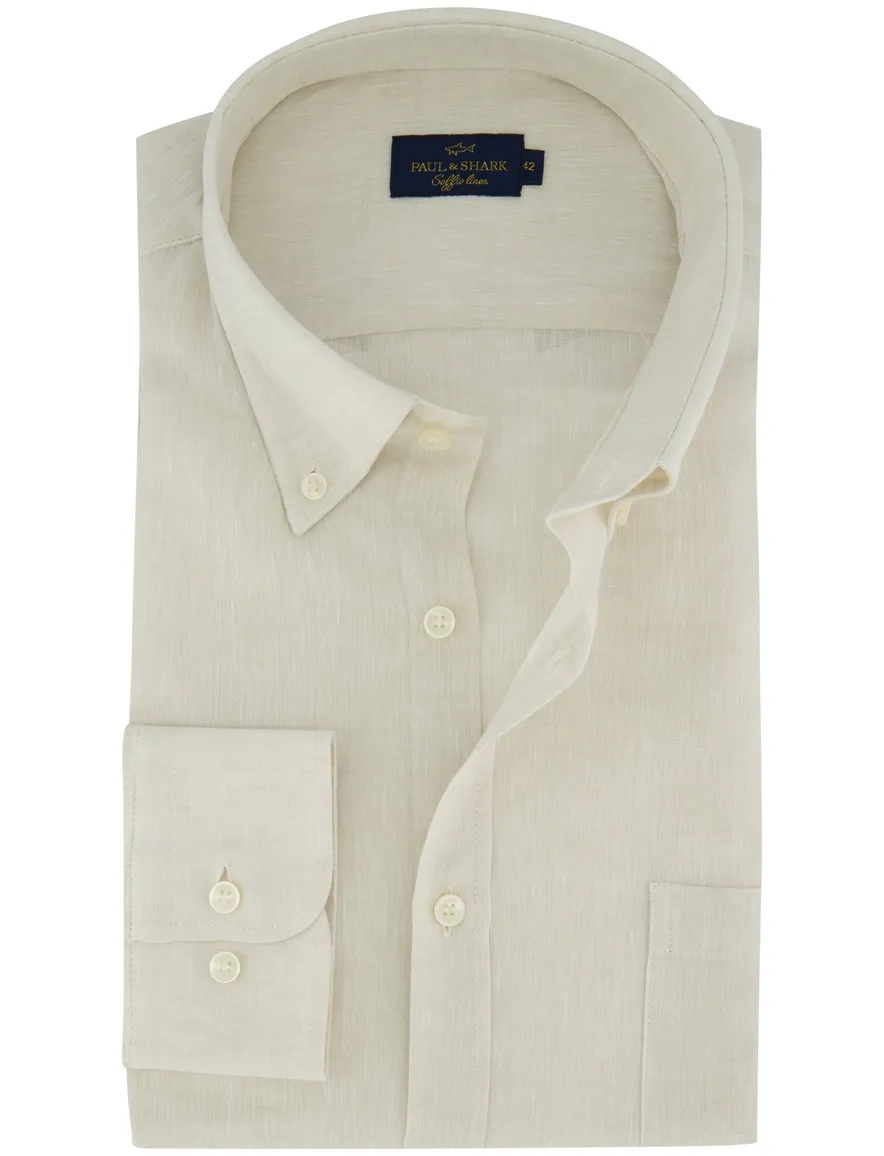 Paul & Shark overhemd beige gemeleerd 100% linnen