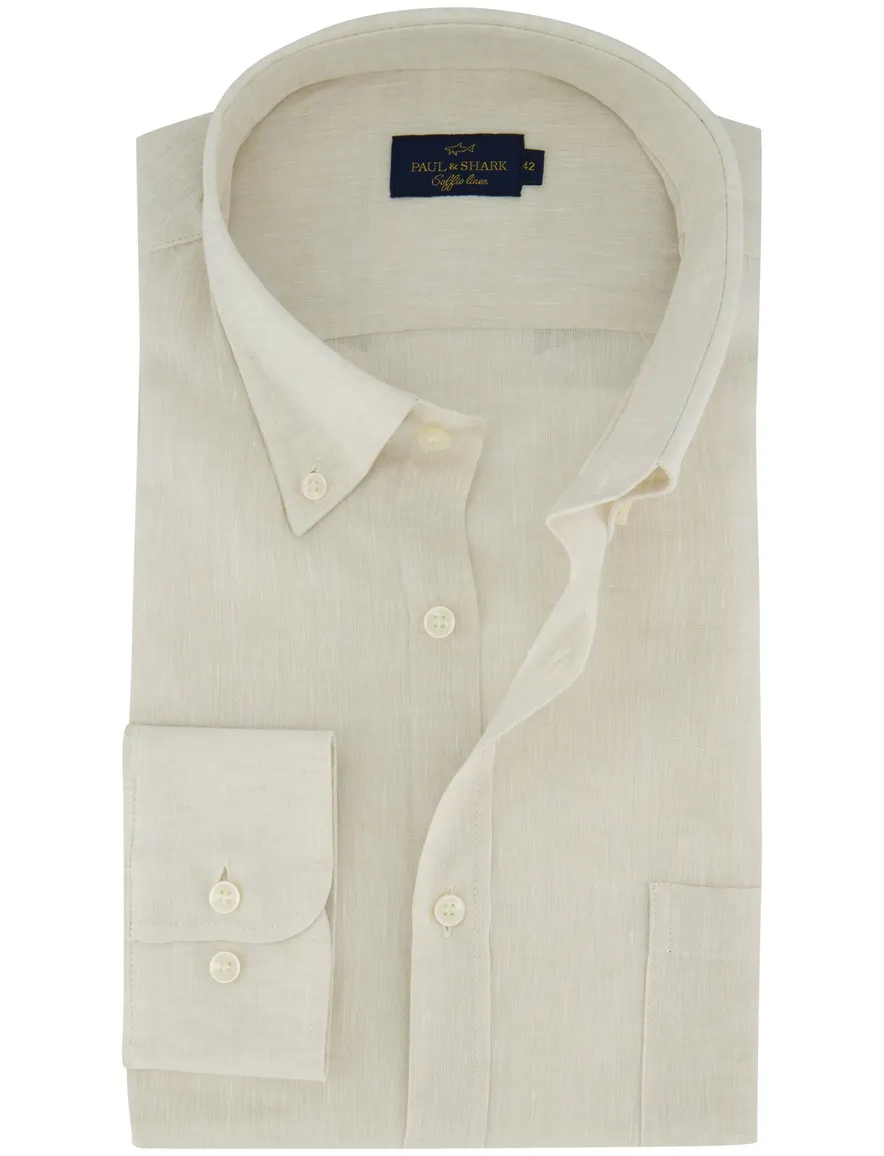 Paul & Shark overhemd beige gemeleerd 100% linnen