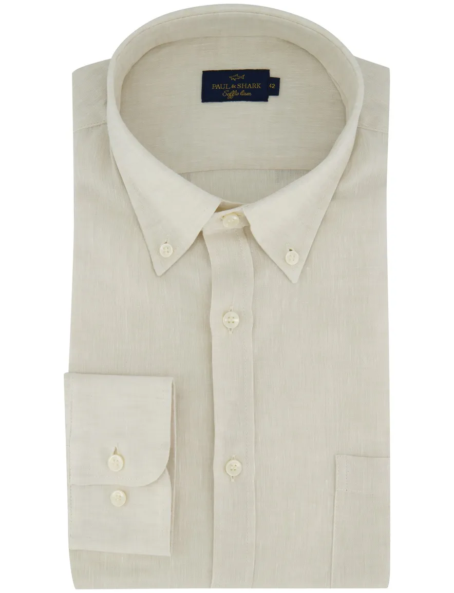 Paul & Shark overhemd beige gemeleerd 100% linnen