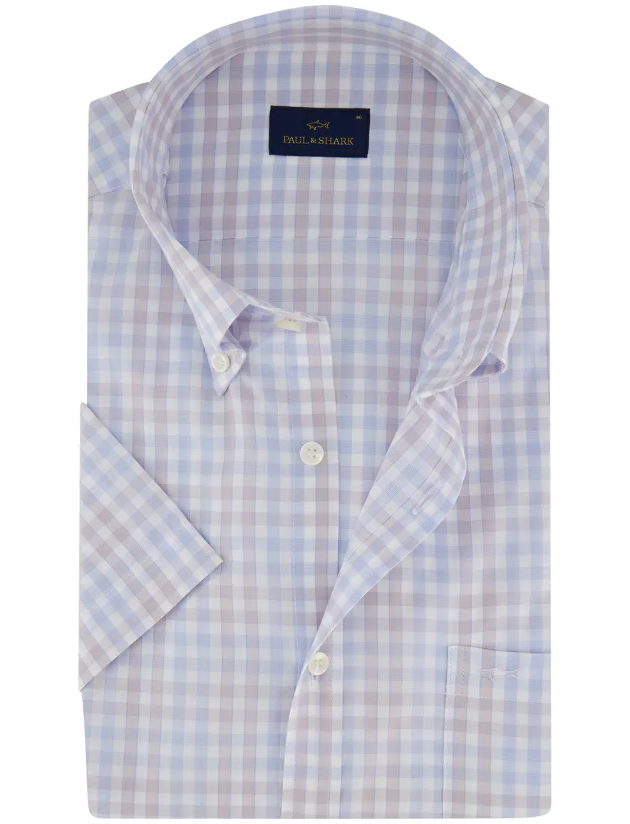 Paul & Shark overhemd beige blauw geruit korte mouw