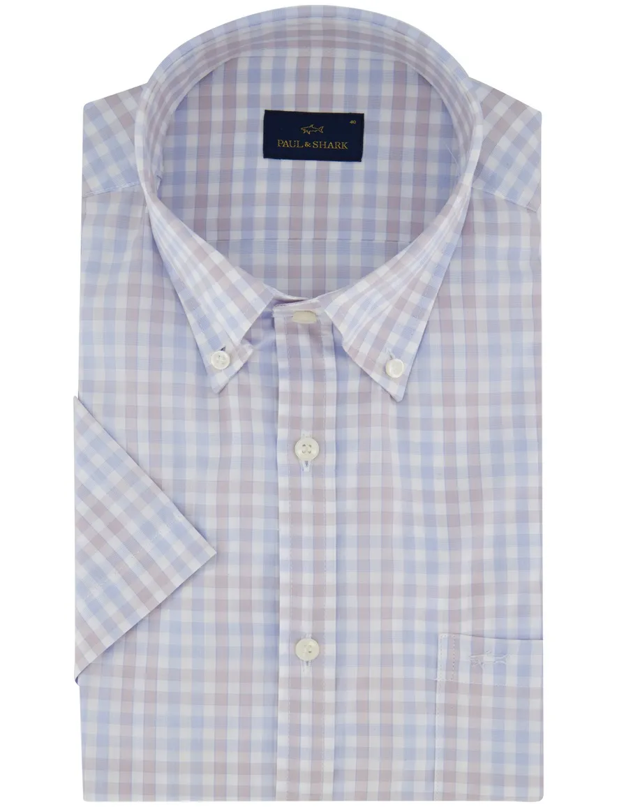 Paul & Shark overhemd beige blauw geruit korte mouw