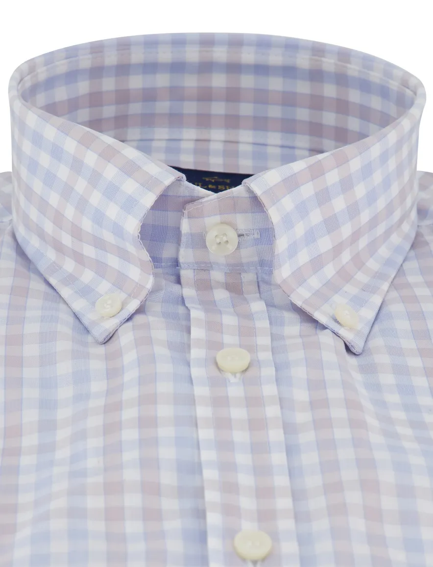 Paul & Shark overhemd beige blauw geruit korte mouw