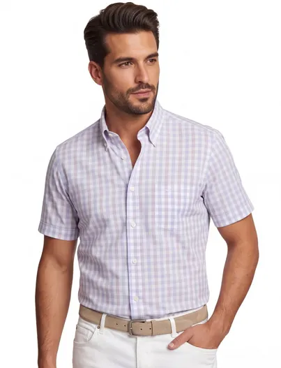 Paul & Shark Paul & Shark overhemd beige blauw geruit korte mouw
