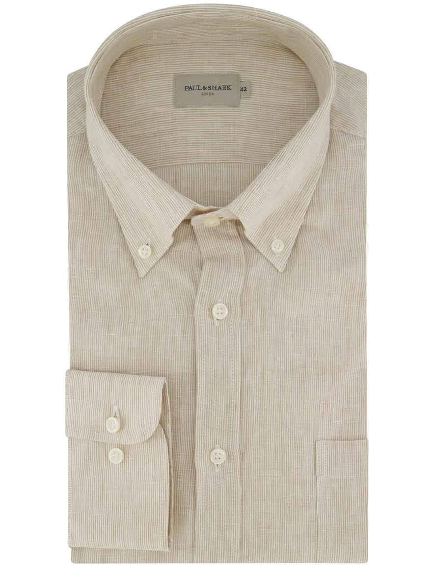 Paul & Shark overhemd beige wit gestreept button-down collar