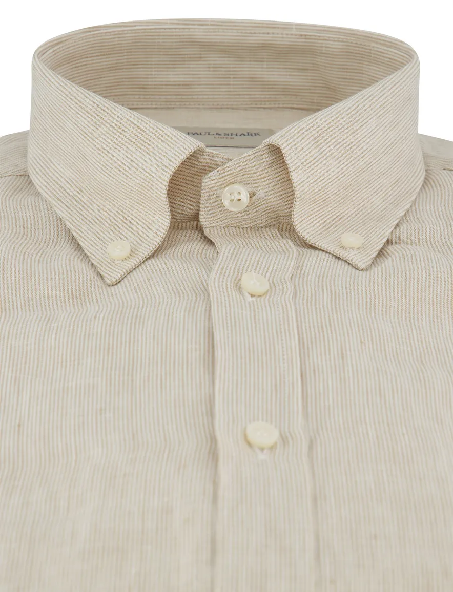 Paul & Shark overhemd beige wit gestreept button-down collar