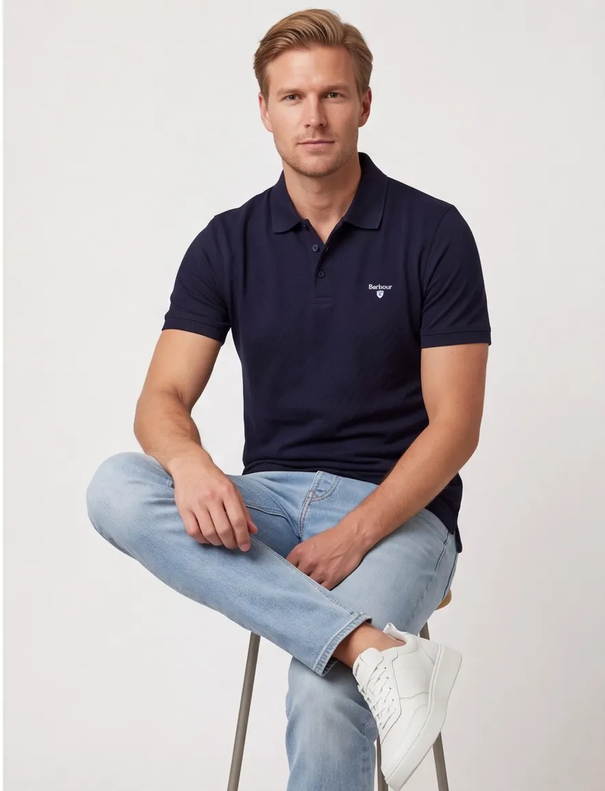 Barbour navy polo met structuur Tailored Fit
