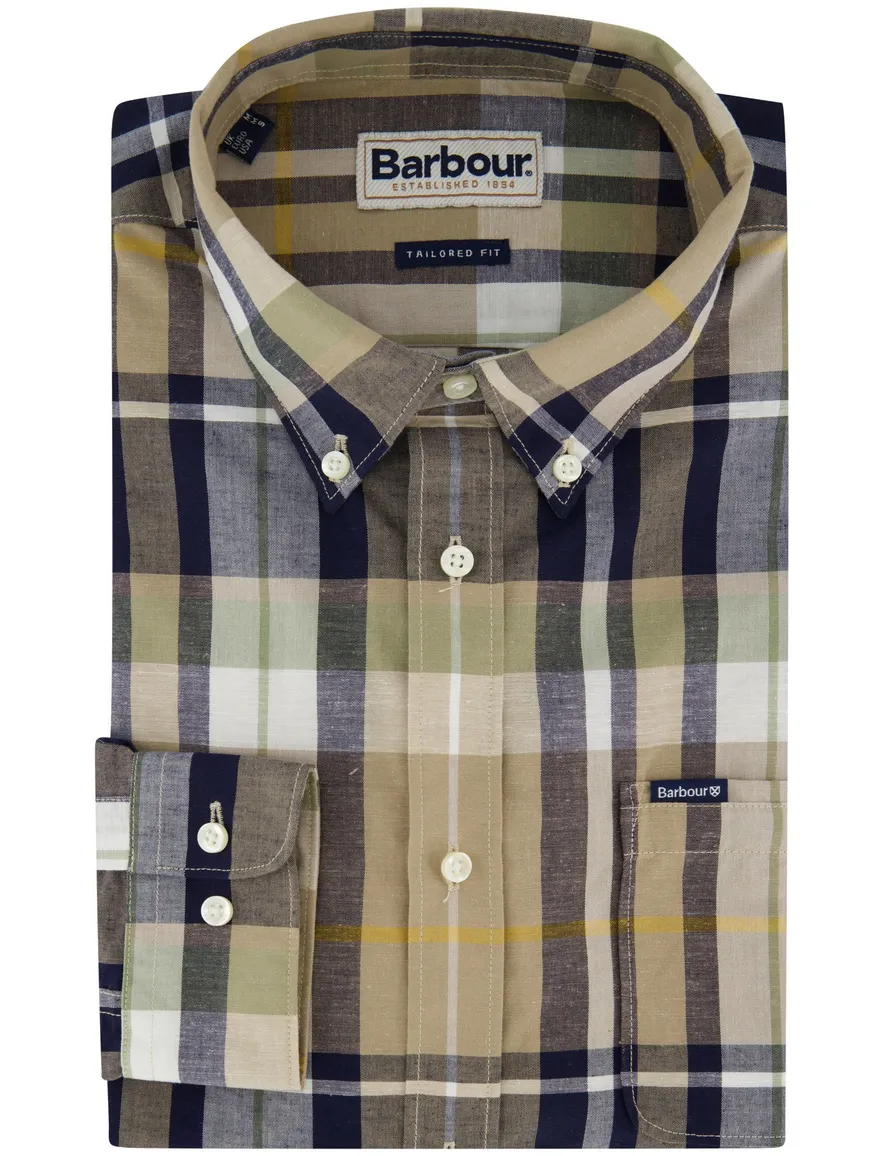 Barbour overhemd Tailored Fit korte mouw beige gestreept