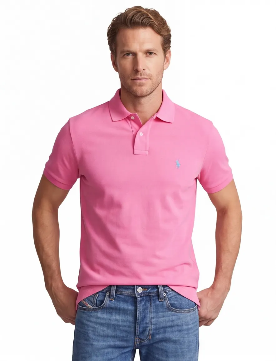 Polo Ralph Lauren Slim fit Polo Roze effen blauw logo