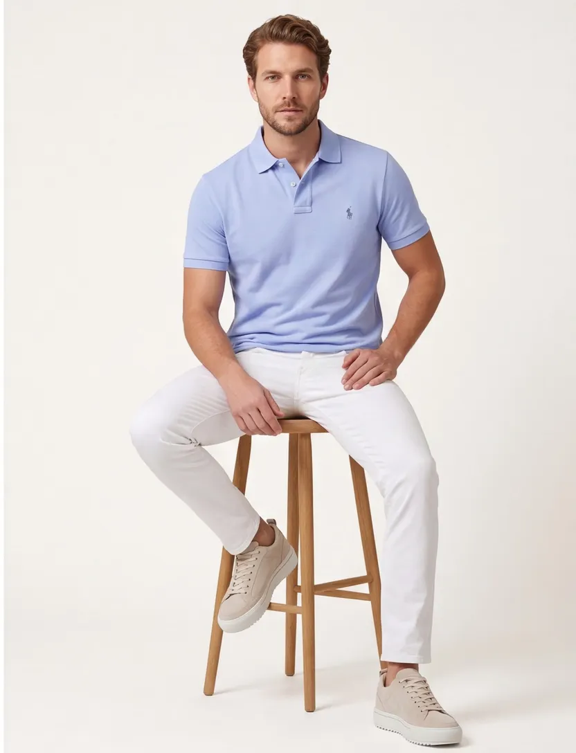 Poloshirt korte mouw Ralph Lauren lichtblauw 2 knopen