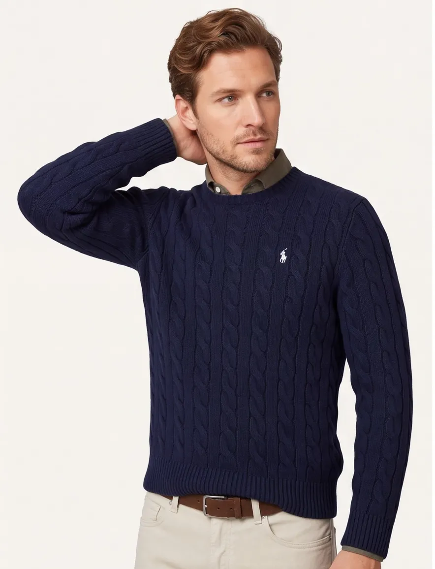 donkerblauwe kabeltrui Polo Ralph Lauren normale fit