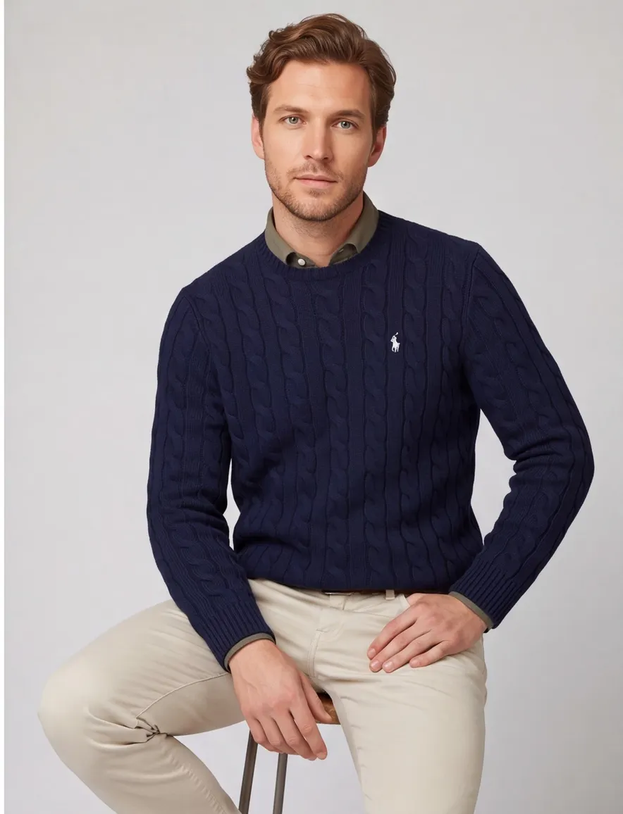 donkerblauwe kabeltrui Polo Ralph Lauren normale fit