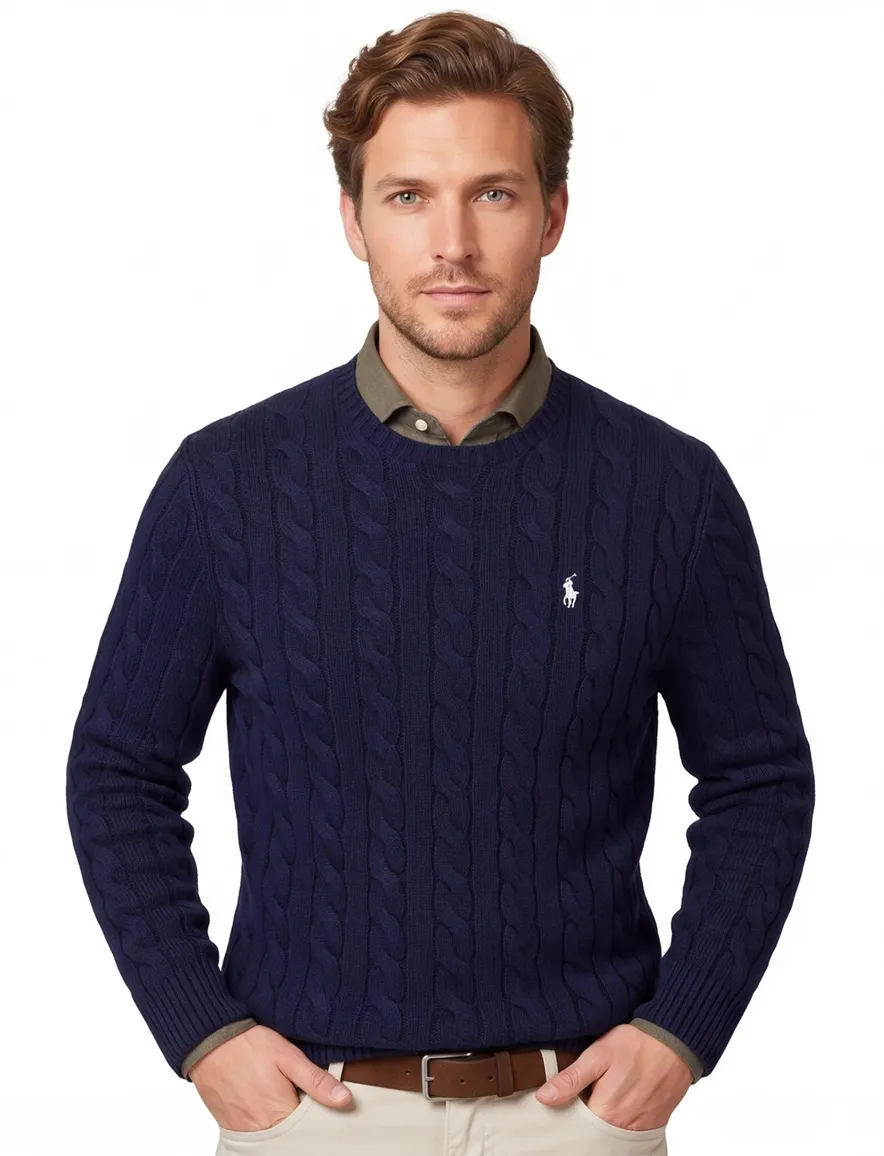 donkerblauwe kabeltrui Polo Ralph Lauren normale fit
