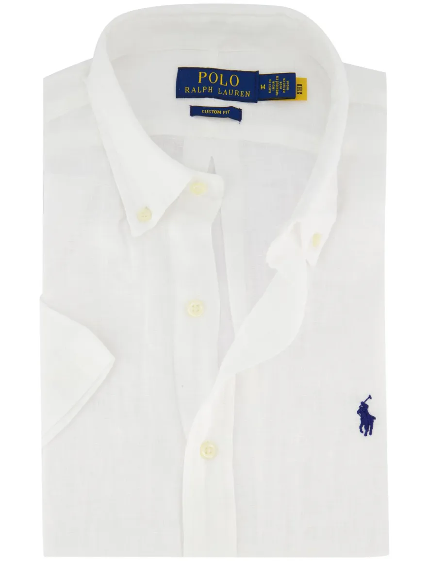 Overhemd Polo Ralph Lauren Slim Fit wit linnen effen korte mouw