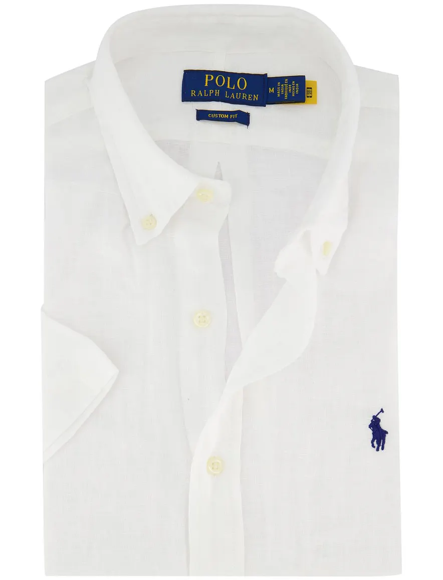 Overhemd Polo Ralph Lauren Slim Fit wit linnen effen korte mouw