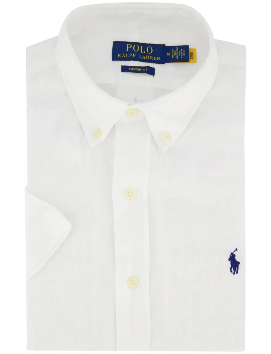 Overhemd Polo Ralph Lauren Slim Fit wit linnen effen korte mouw
