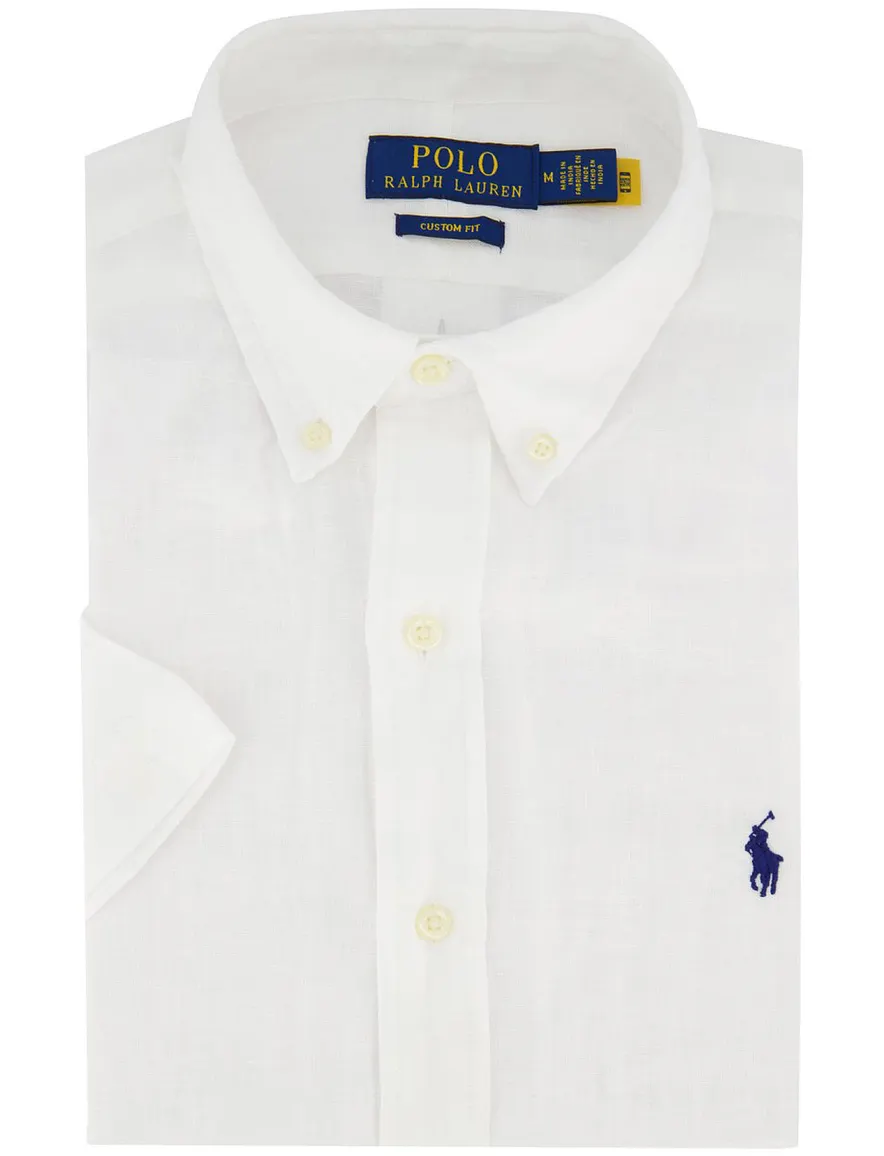 Overhemd Polo Ralph Lauren Slim Fit wit linnen effen korte mouw
