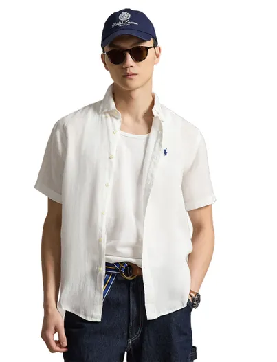 Polo Ralph Lauren Witte linnen korte mouw Polo Ralph Lauren Slim Fit overhemd