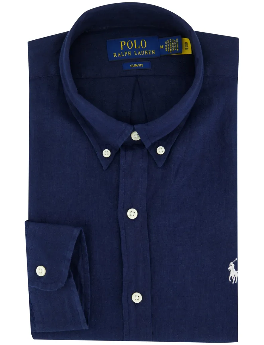 Overhemd Polo Ralph Lauren Slim Fit navy linnen button-down boord