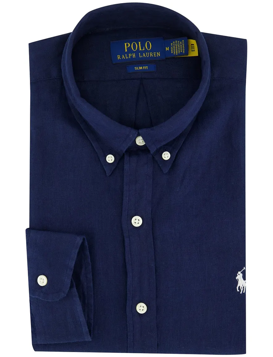 Polo Ralph Lauren Slim Fit overhemd donkerblauw linnen