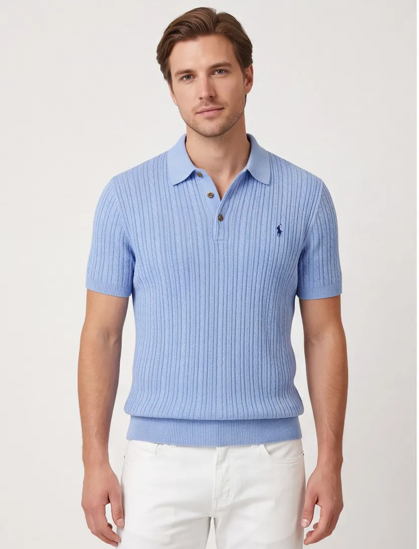 Poloshirt Ralph Lauren korte mouw blauw kabelstructuur