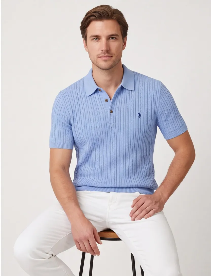 Poloshirt Ralph Lauren korte mouw blauw kabelstructuur