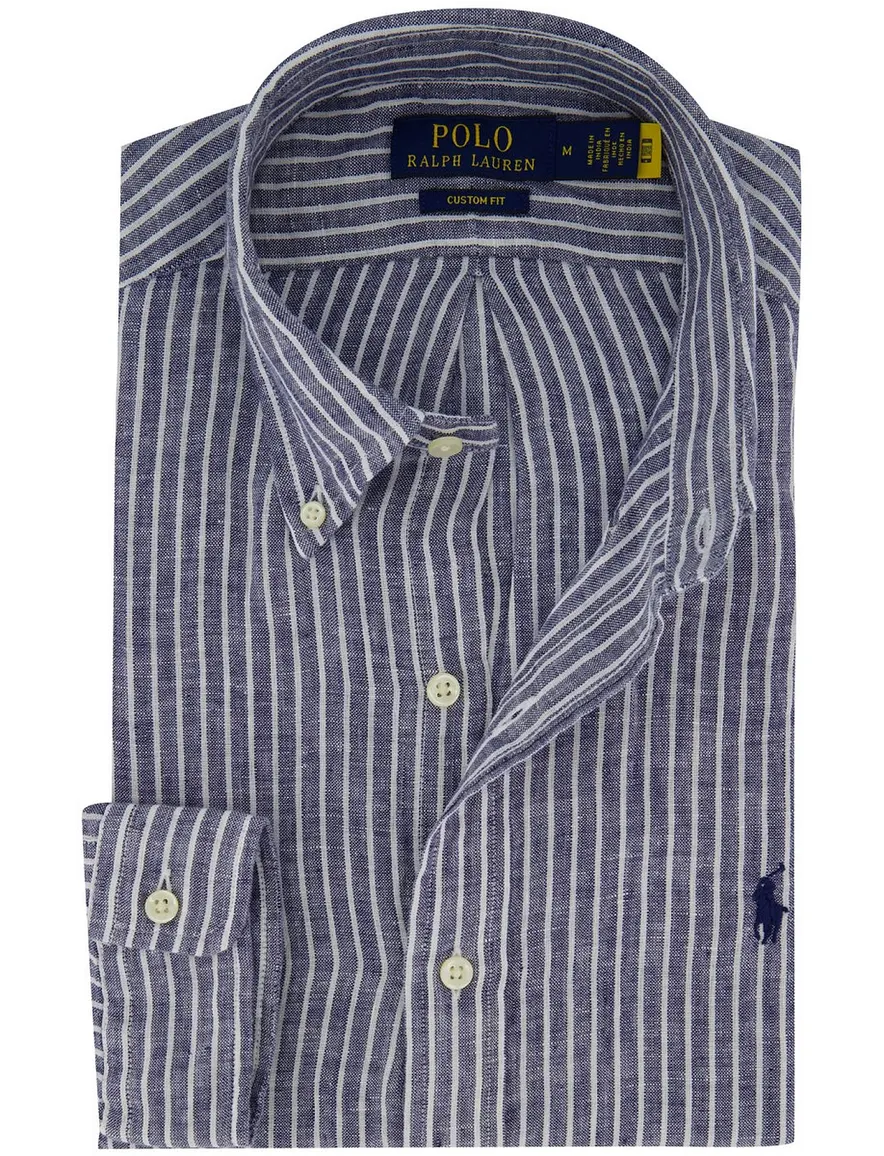 Overhemd Polo Ralph Lauren Custom Fit navy wit gestreept linnen