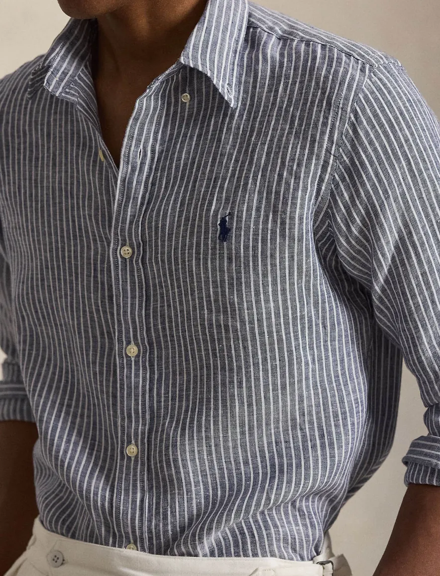Overhemd Polo Ralph Lauren Custom Fit navy wit gestreept linnen