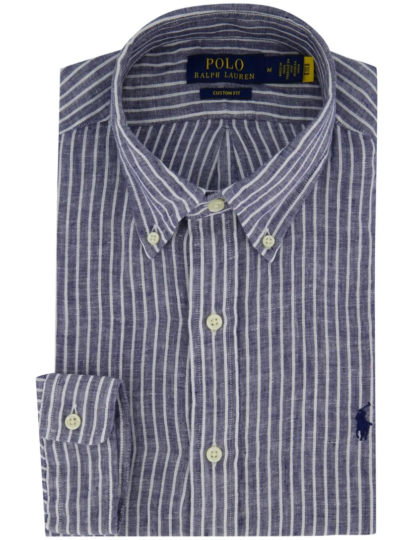 Navy wit gestreept linnen Polo Ralph Lauren overhemd