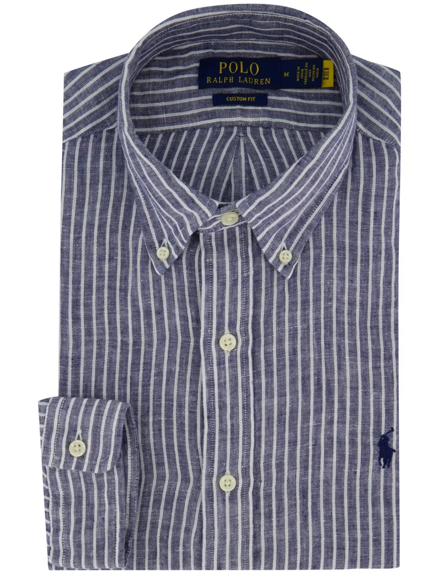 Overhemd Polo Ralph Lauren Custom Fit navy wit gestreept linnen