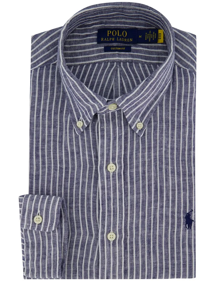Overhemd Polo Ralph Lauren Custom Fit navy wit gestreept linnen