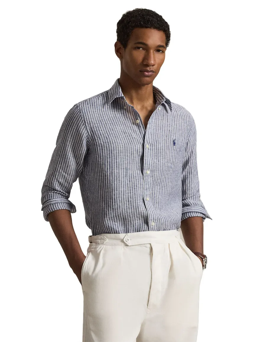Overhemd Polo Ralph Lauren Custom Fit navy wit gestreept linnen